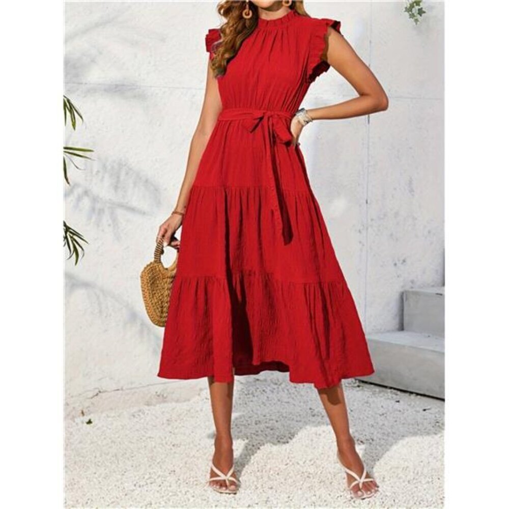 Frill Mock Neck Ruffled Cap Sleeve Midi Dress - Picture 6 of 15